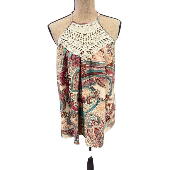 Boho Crochet Lace Halter Top 1X Paisley Print Sleeveless Flowy Plus Size Blouse - Picture 1 of 11